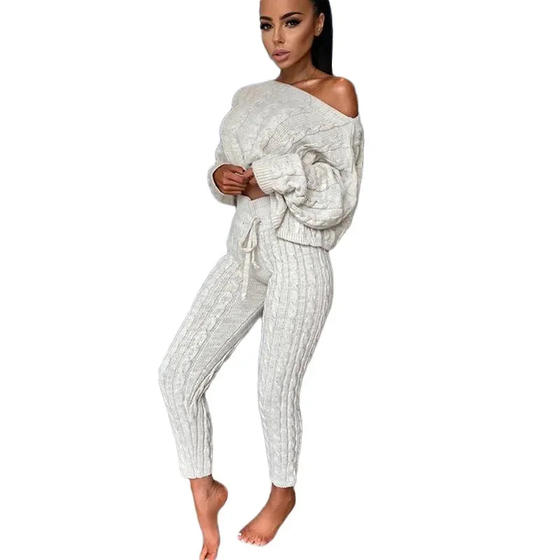 Ladies Comfy Two Piece Set Autumn and Winter Wear Pant Suit Solid Casual Knitted Sweater Set