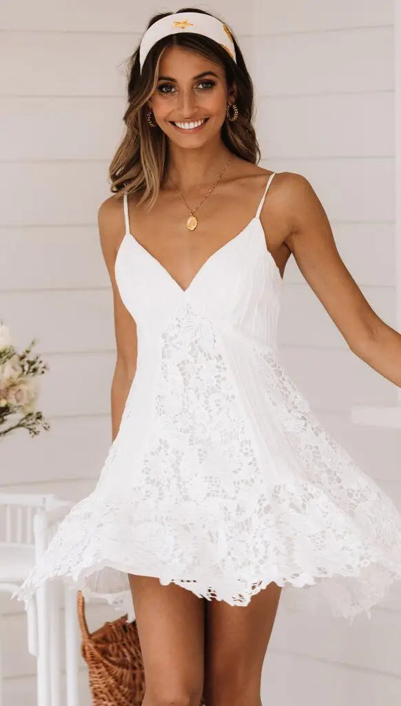 Sexy White Lace Spaghetti Strap Mini Dress Deep V-neck Backless A-line Dress.