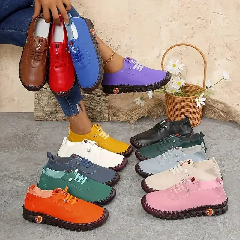 New Women Sneakers Comfortable Soft Leather Loafers Shoe for Women Hand Sewn Thread Mom Shoes Fashion Outdoor Sneakers Women