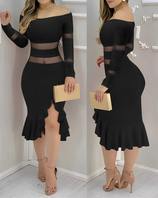 2025  Sheer Mesh  Ruffles Bodycon Party Black Dress.