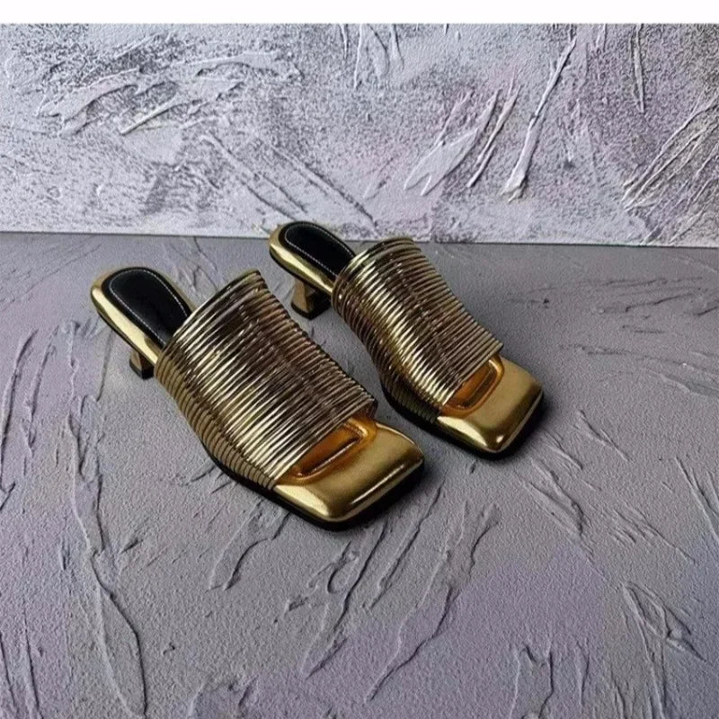 Square Toe Sandals Summer Shiny Solid Colour Heel Sandals