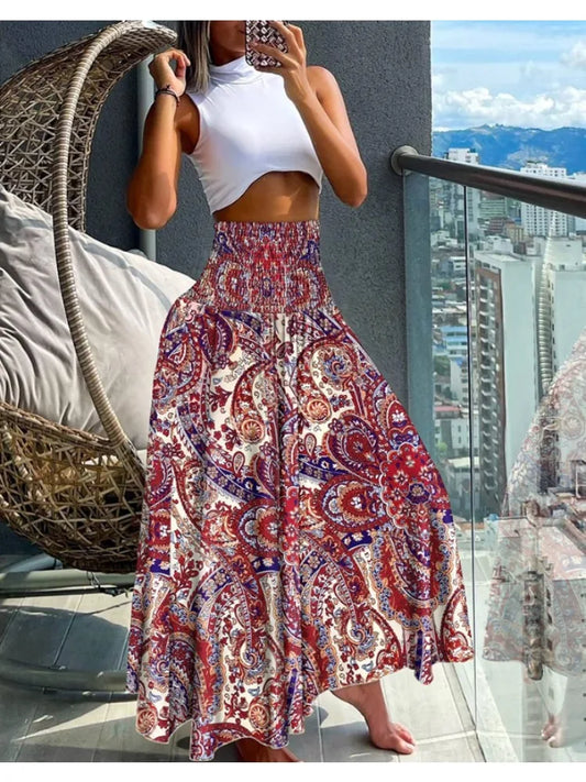 Women Fashion Floral Print Bohemian Elastic High Waist Skirt. S-2x