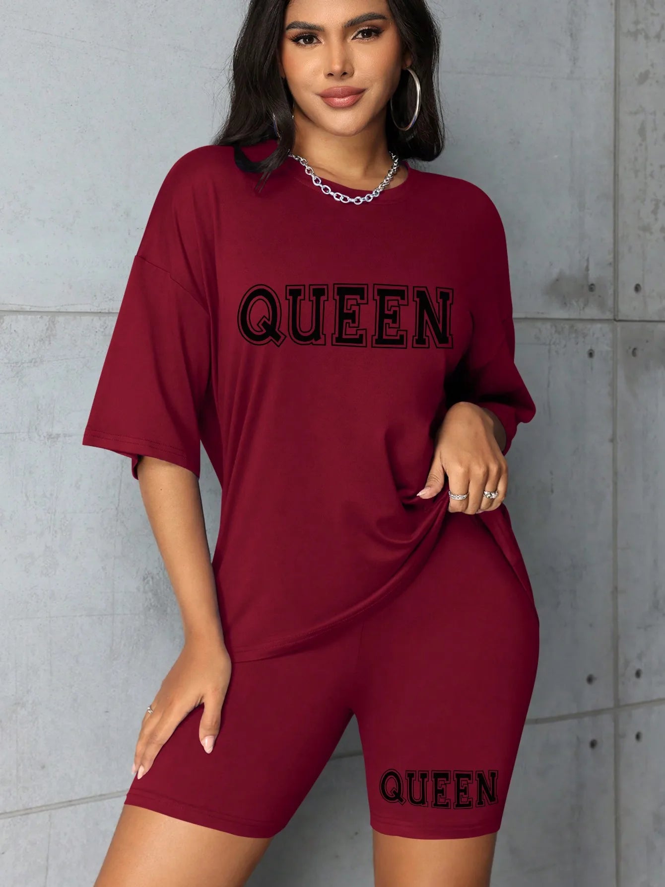Plus size fashionable all-match shorts short-sleeved queen letter print simple and comfortable two-piece