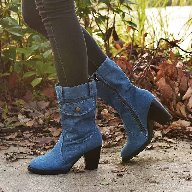 New Denim Style Casual High Heel Boot