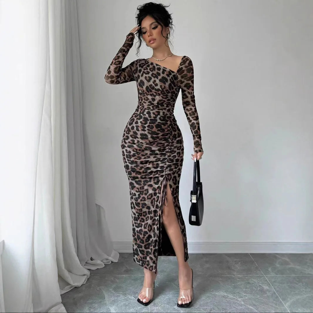 Sexy Leopard Print Fashion Ruffled Sexy Slit Party Dress For Women.  S-XL