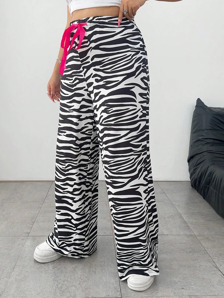 Plus Size Ladies Casual Fashion Zebra Print Loose Wide Leg Long Pants Polyester Tie Belt All Season Wear.  XL-4X