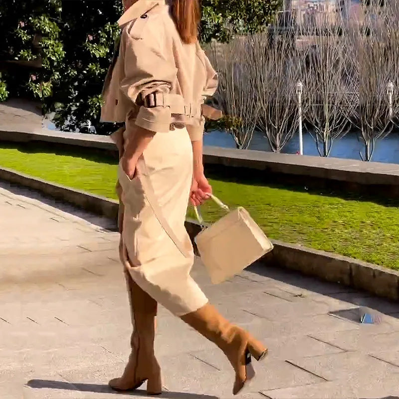 Women's Two-Piece Long-Sleeved Cardigan Turn-down Collar, High Waist Split Skirt Slim Fit.  S-xxL