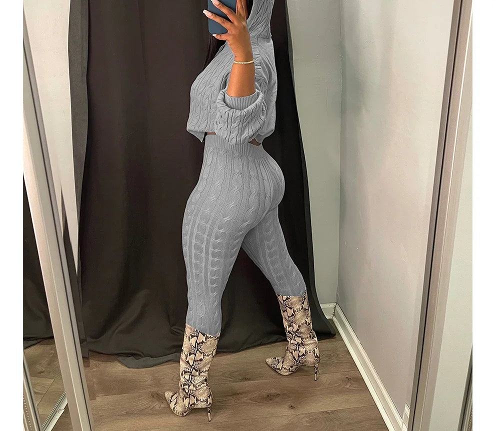 2 Piece Fashion Long Sleeve Cable Knit Hooded Sweater & Pants Suit.