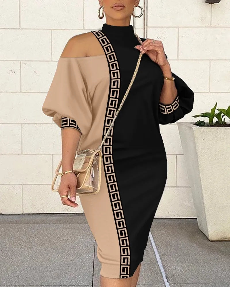 Sexy Cold Shoulder Lantern Sleeve Loose 2025 Summer Women Half Sleeve Cutout Colour-block Midi Dress.. S-XL