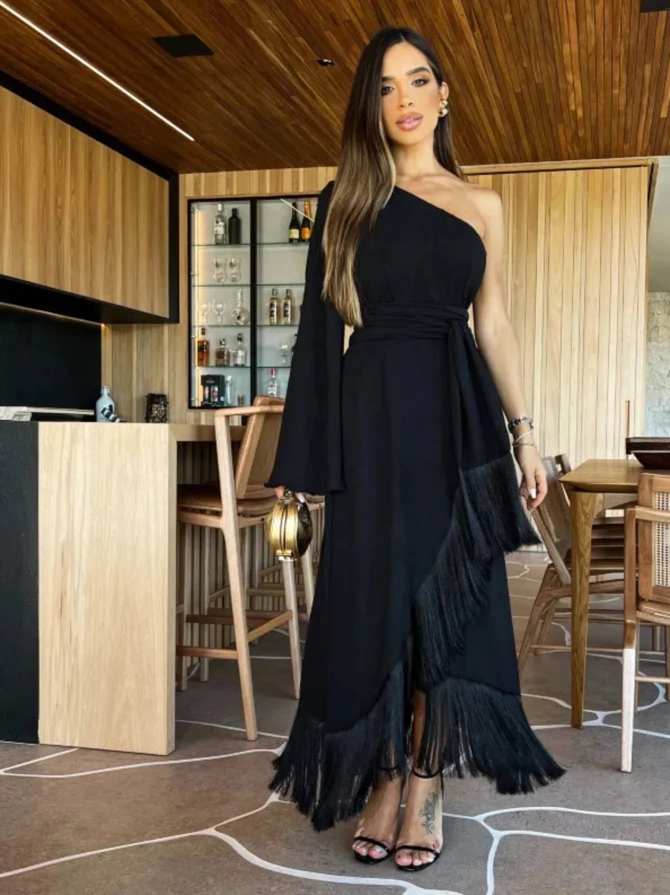 New Solid  Women's One-Shoulder Sexy Lady Long Slit Ruffled Tassel Swing Evening Dress.  S-XL