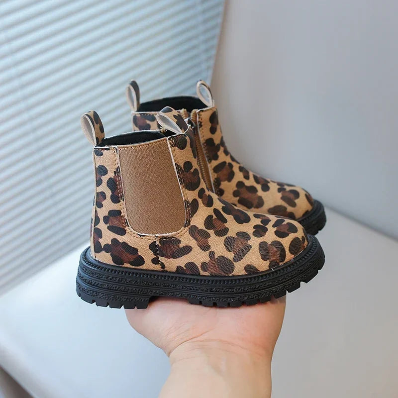 Kids Boots Leopard Prints Classic Little Boys Ankle Boots Side Zipper Fashion Classic Unisex Girls Rubber Boots Breathable Warm
