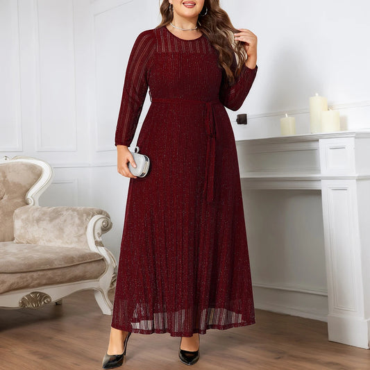 Plus Size Elegant Mesh Maxi Dress - Lantern Sleeve A-Line Evening Gown