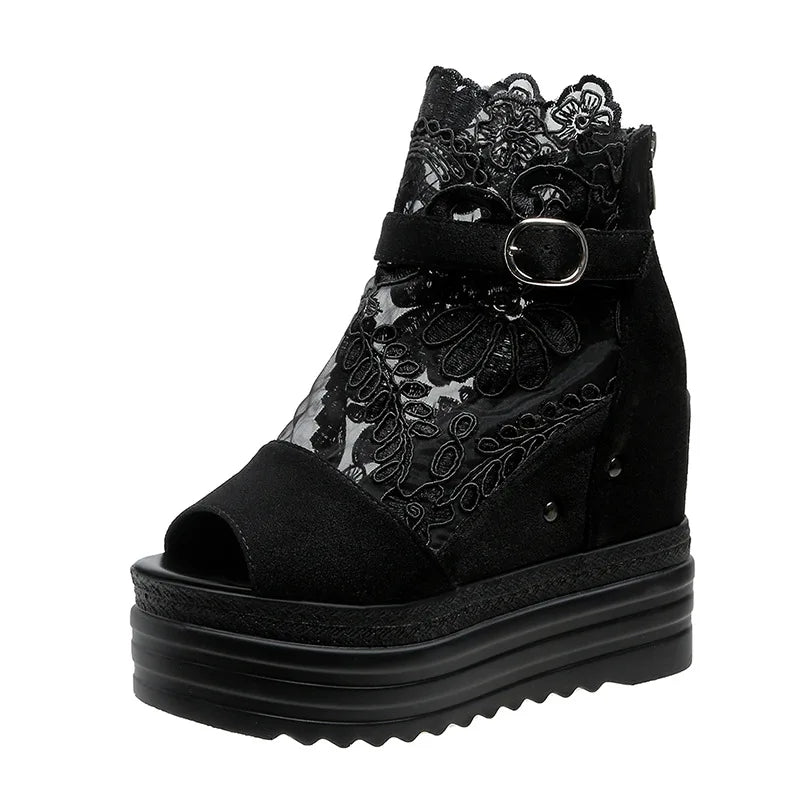 Summer Buckle Platform Sandals 10CM Wedge Heel Peep Toe Lace Breathable Shoes