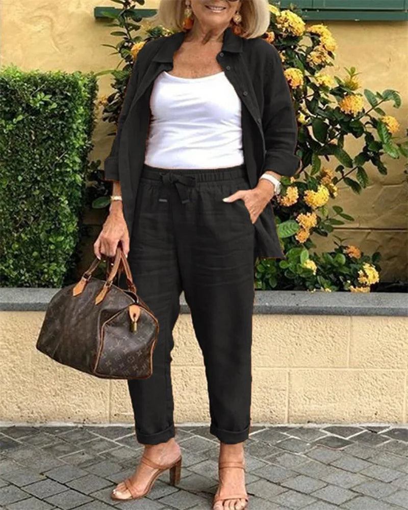 Plus-size women's casual fashion solid color button long-sleeved Shirt/Cardigan cotton linen 2 piece
