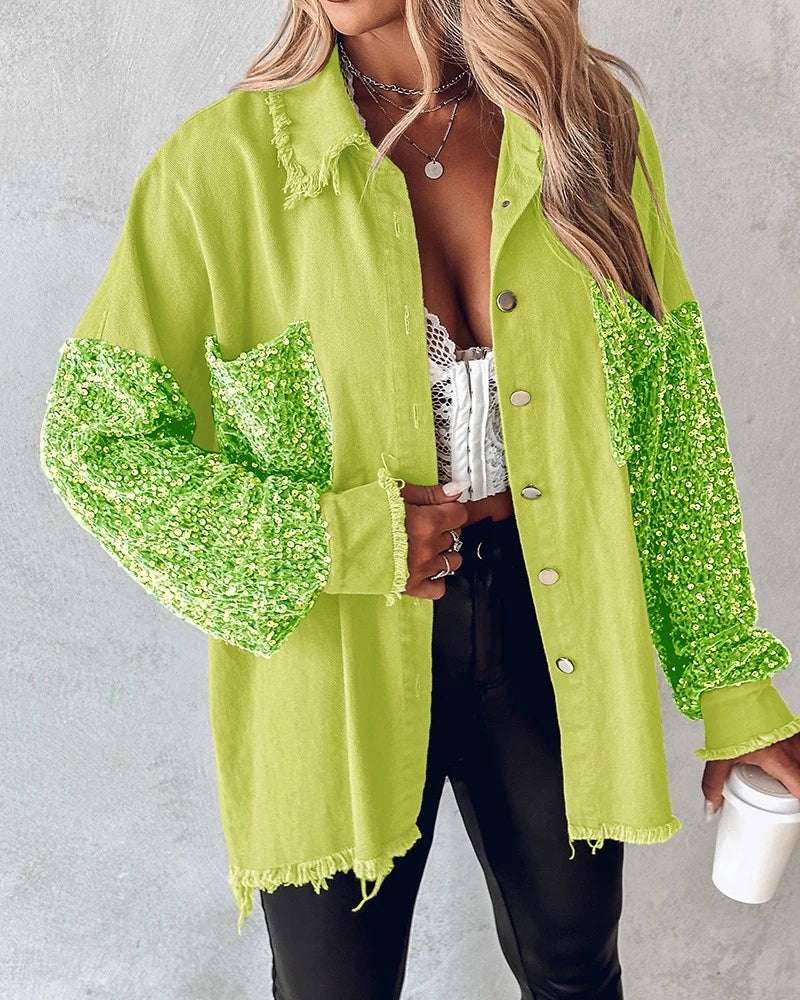 Women’s Turn-down Collar Jackets Contrast Leopard Sequin Patchwork Long Sleeve Jacket/ Top Button Front Raw Hem Shacket