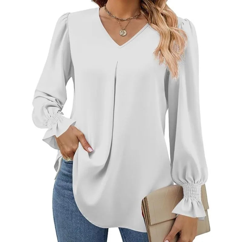 Women's Solid Colour Chiffon Shirt V-neck Long Sleeved Top Elegant Loose Blouse.  S-2X