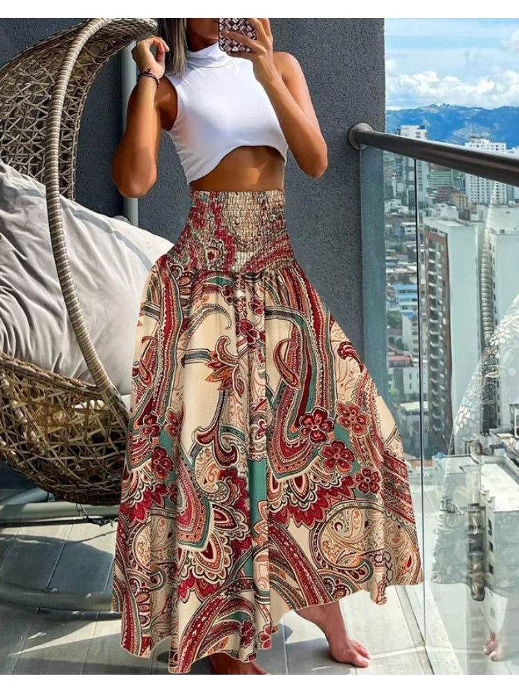 Women Fashion Floral Print Bohemian Elastic High Waist Skirt. S-2x