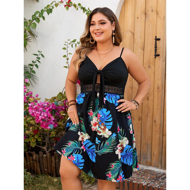 Plus Size Summer Floral Print Dress Lace Sexy Fashion Ladies Dress