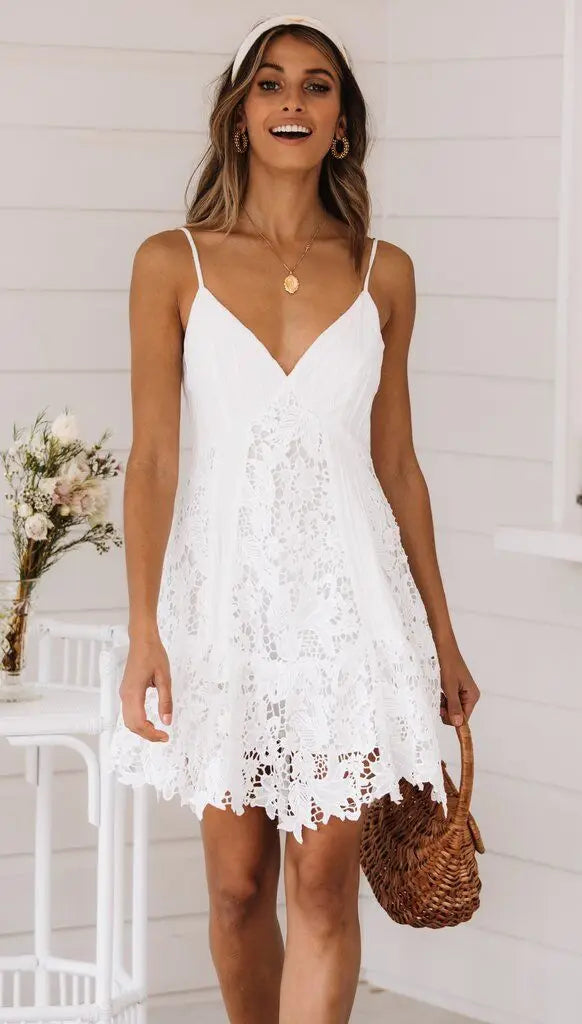 Sexy White Lace Spaghetti Strap Mini Dress Deep V-neck Backless A-line Dress.