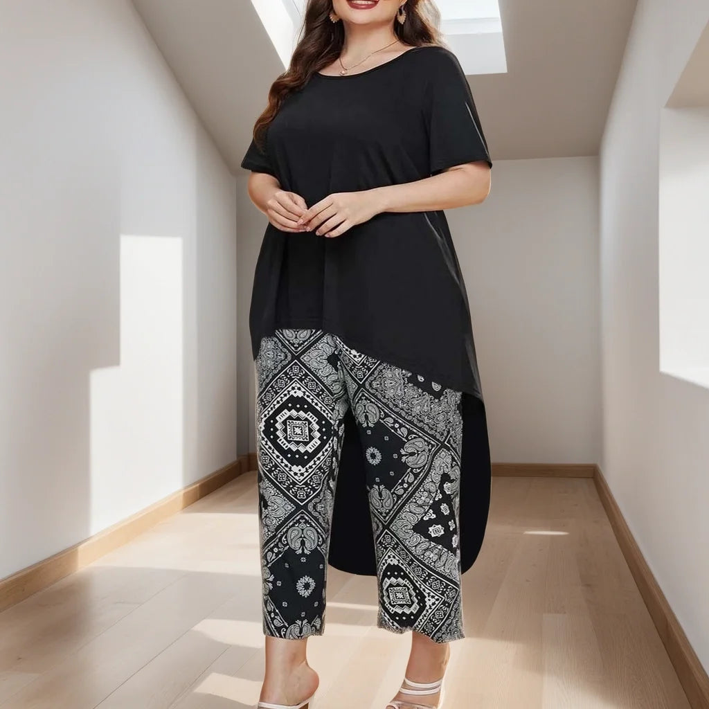 Plus Size Women's Suit Shirt and Printed Loose Cropped Pants Casual Fashion
