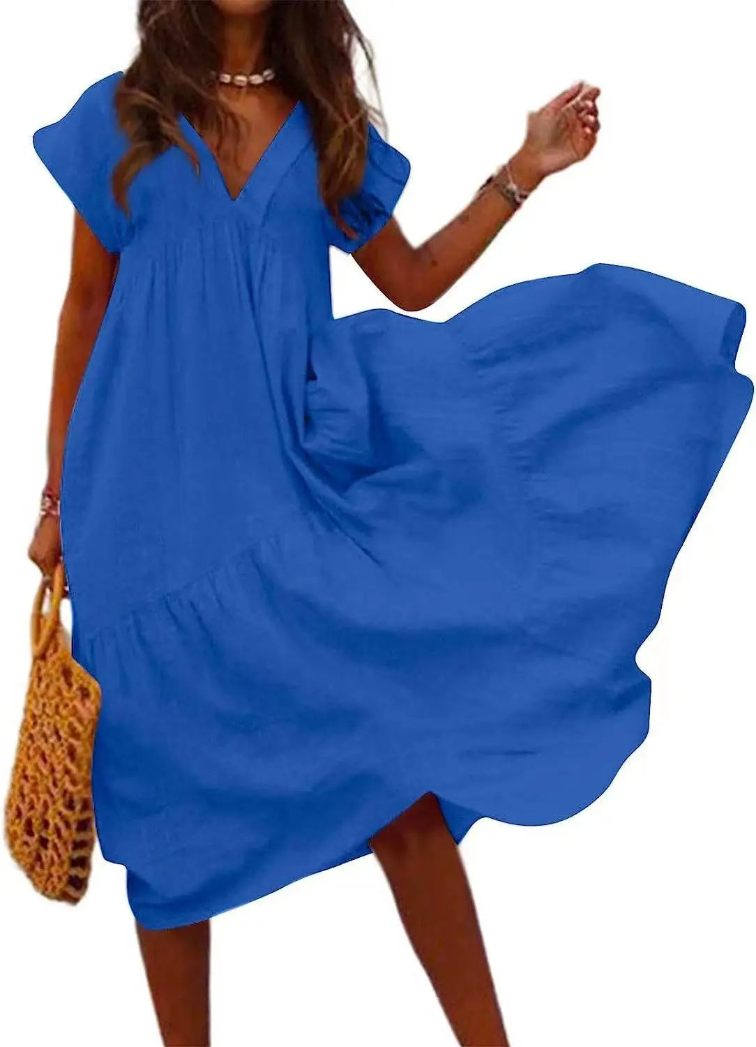 V-Neck Short Sleeved Loose Dress Women's Solid Colour Vacation Dresses Summer Casual A-Line.