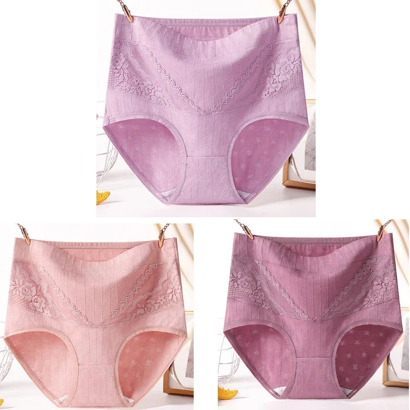 3pcs Curvy Size High Quality Cotton Underwear Lace High Waist Breathable Solid Colour.