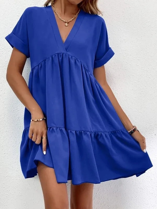 Women's Casual Short Skirt Fresh  Sweet V-neck Cake Solid Color Big Swing Elegant Summer New Solid Color Holiday Mini Dress