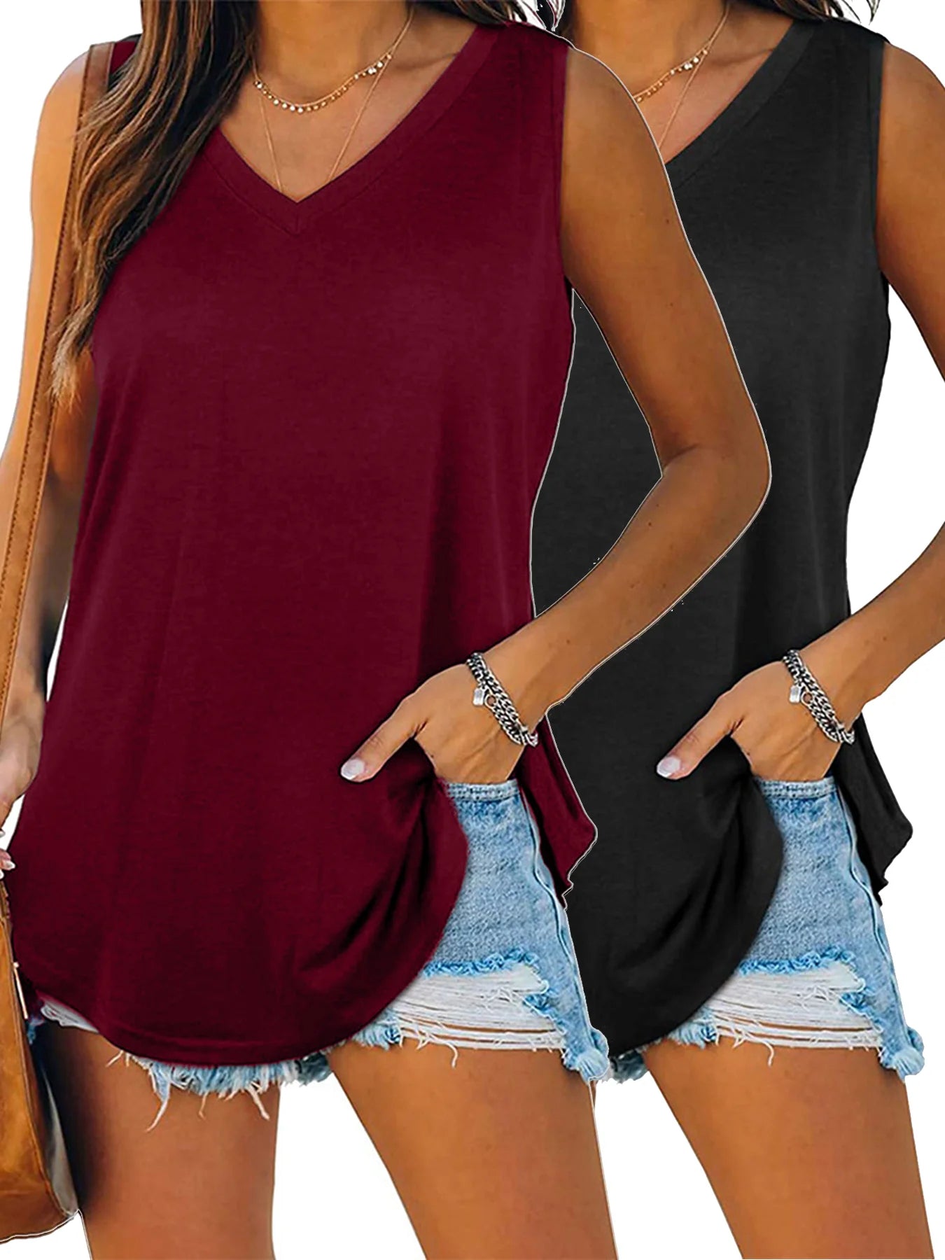 Plus Size 2 Pack Solid Curved Hem Tank Tops Casual Sleeveless V Neck Top For Summer & Spring,