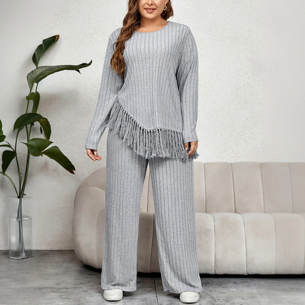 Plus Size 2 Piece Women Pants Set Loose Ribbed Long Sleeve Tassel Irregular Hem Top And Pants