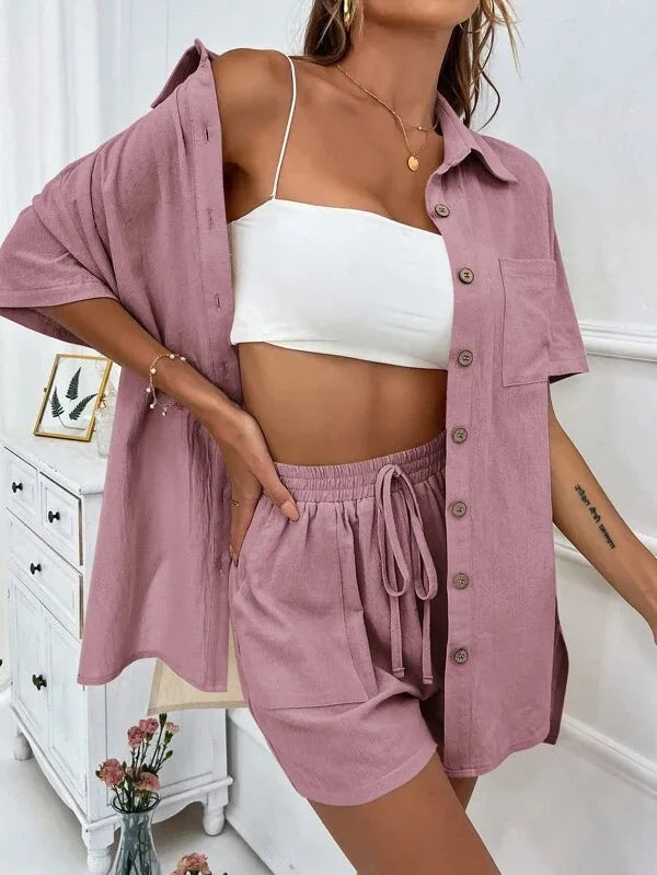 Ladies Casual two-Piece Summer Fashion Casual Loose Single Breasted Shirt Short Sleeve Shorts Two Piece Set.  S-3X