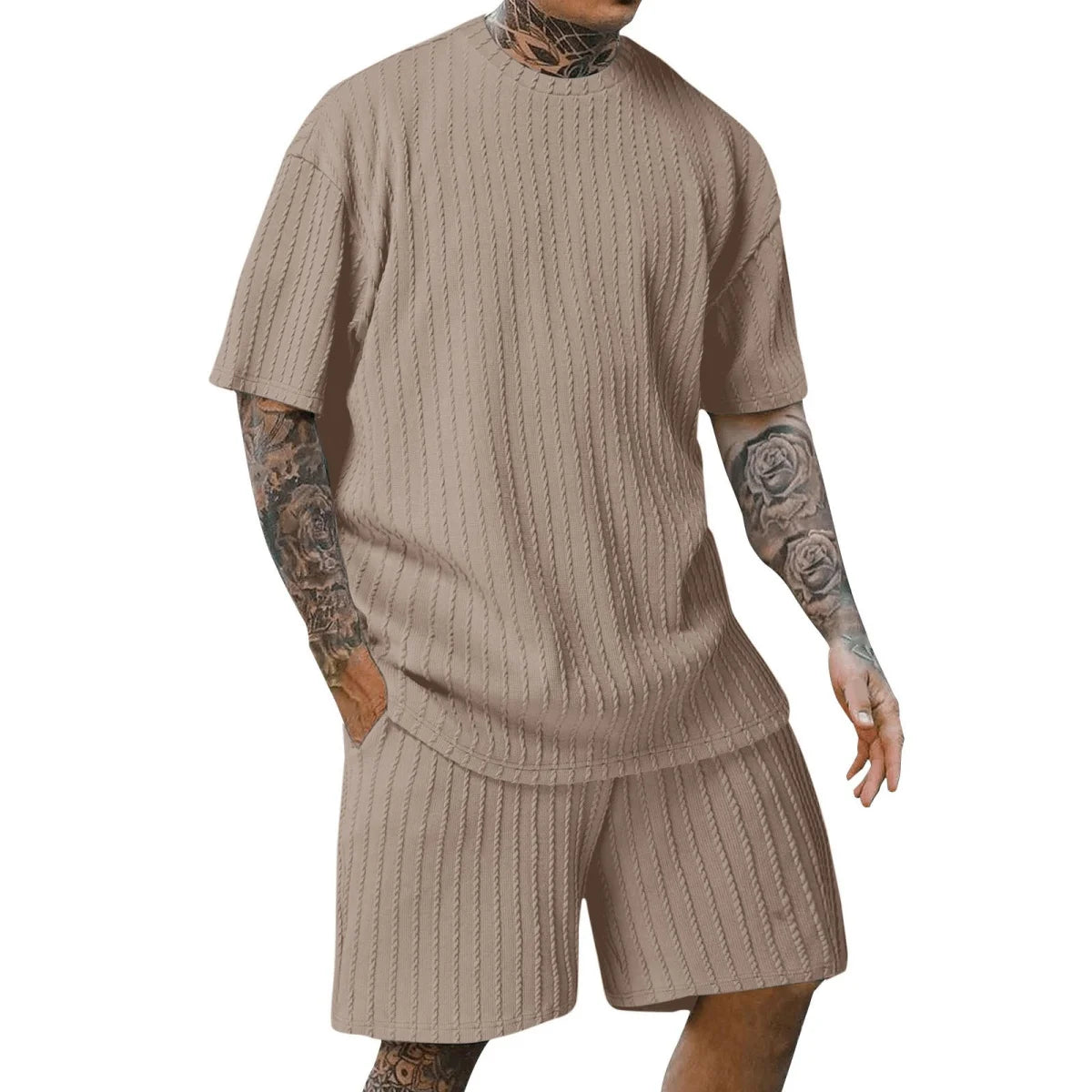 Men's Popular Casual And Soft New 2025 Two-Piece Solid Colour Crew Neck Vertical Stripe T-shirt And Shorts.