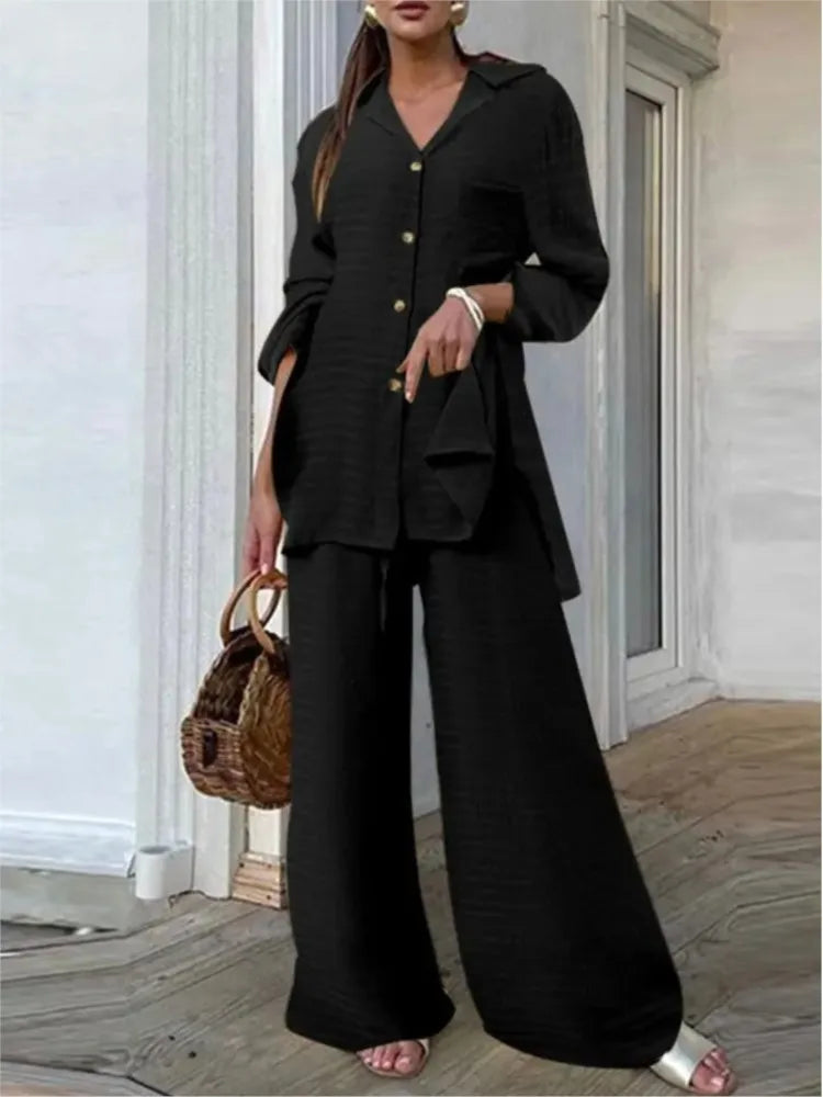Long-sleeved V-neck Button-up Shirt + Wide-leg Pants 2 Piece Set For Women Autumn Leopard Print Loose Casual Suit.  SZ: S-3X