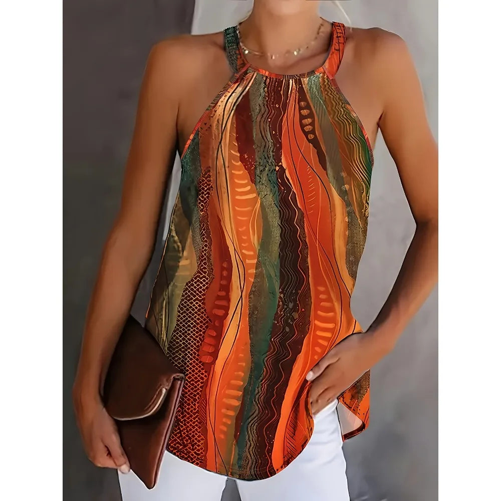 Plus Size 1XL-5XL Women's Print Halter Neck Vintage Sleeveless Halter with Jacquard Cross Solid Strap .  1X-5X