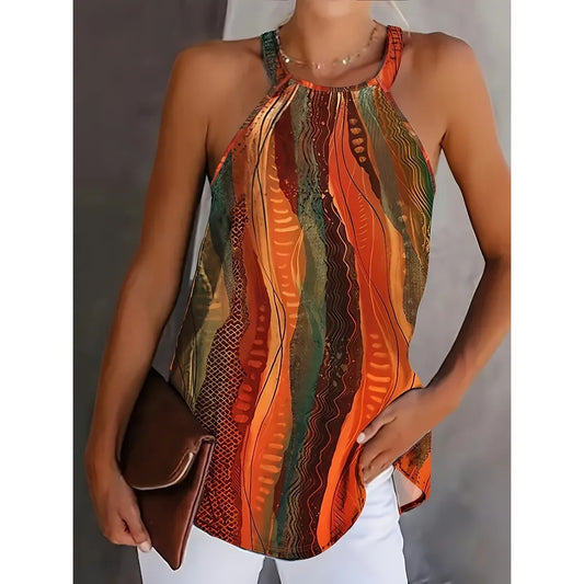 Plus Size 1XL-5XL Women's Print Halter Neck Vintage Sleeveless Halter with Jacquard Cross Solid Strap .  1X-5X