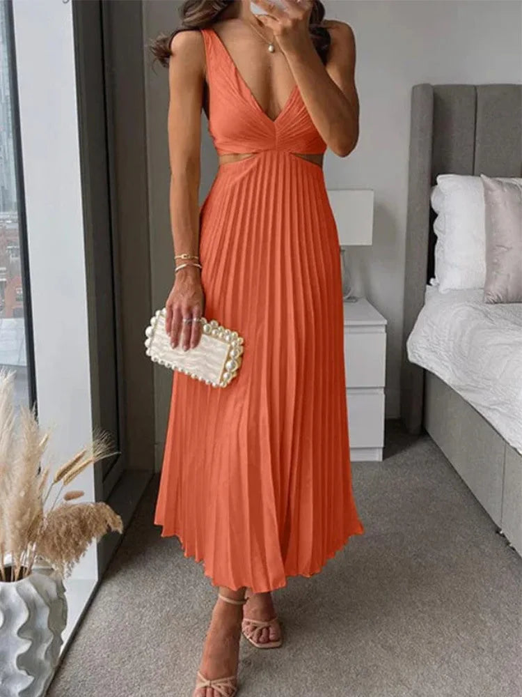 Elegant Long Summer V-neck Sleeveless Hollow Out Backless Sexy Dress .  S-xxL