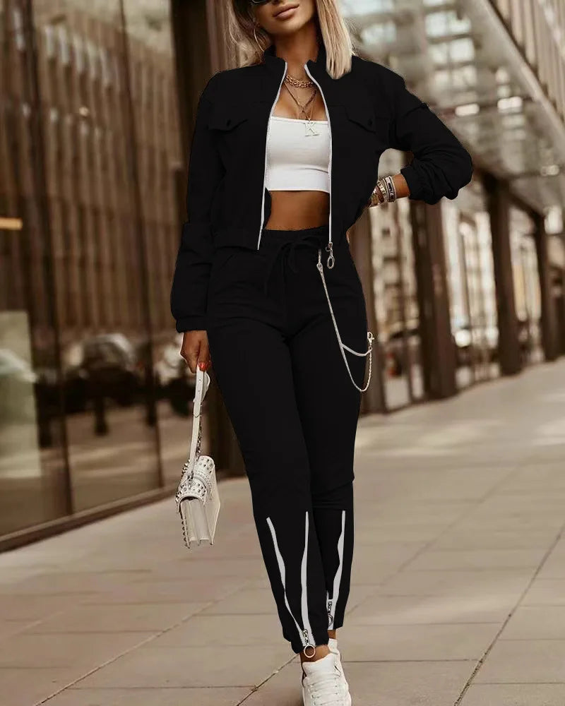 Sport suit Two Piece Long Pants With Casual Zipper Short Jacket.  S-2X