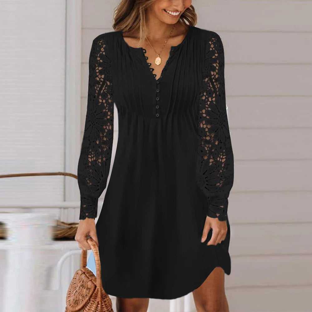Women Lace Long Sleeved Dress Loose Elegant Spring Summer Fashion Lady Plus Size Dress.