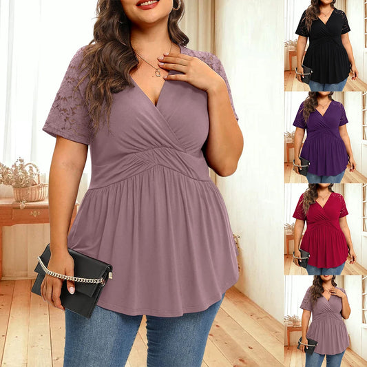 Plus Size XL-5XL Shirt For Women Summer Casual V-neck Lace Spliced Solid Colour Pleated Raglan Short Sleeve Elegant Top