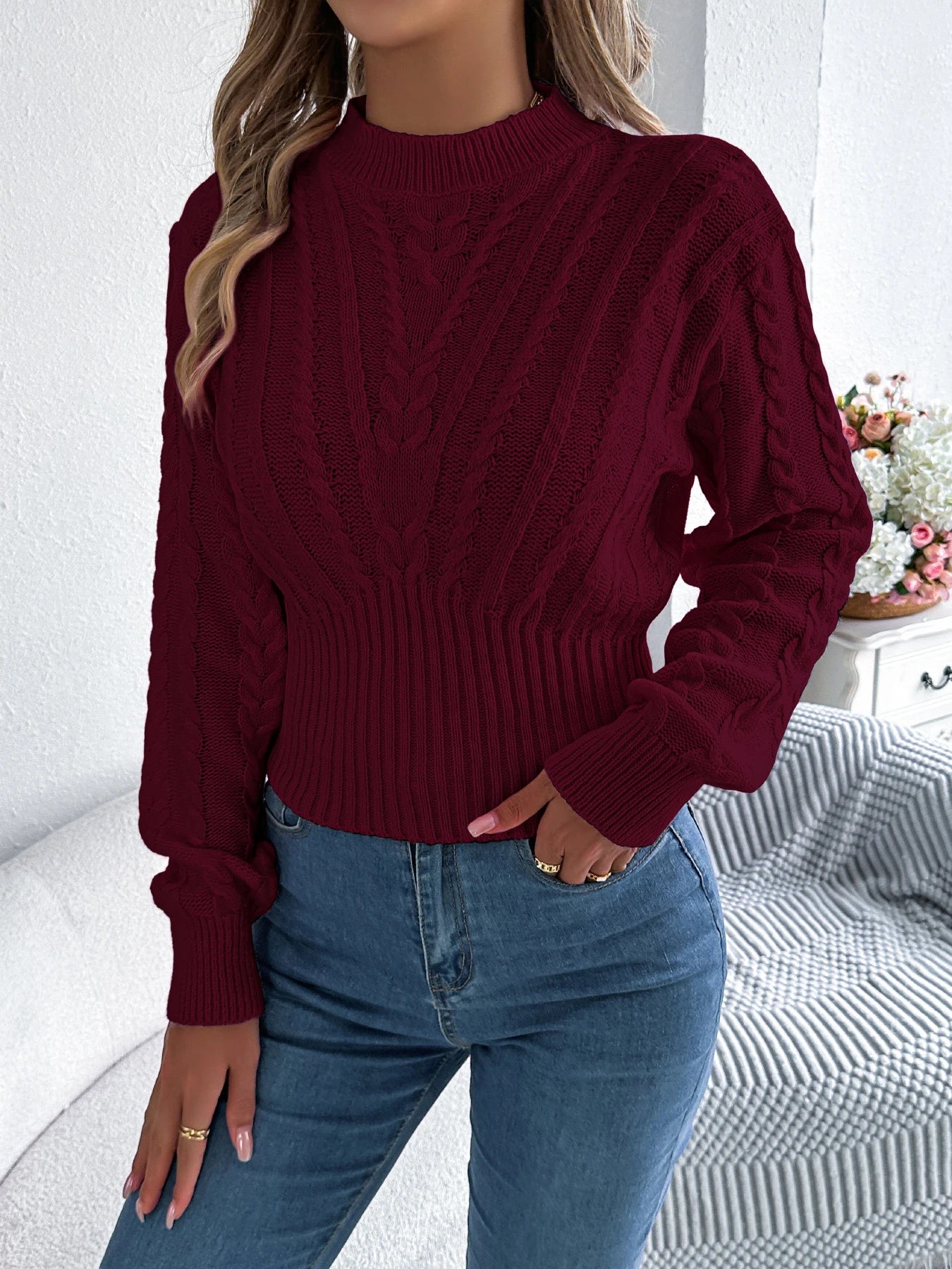 Women's Twist Knit Mock Neck Sweater - Waist Cinching Lantern Sleeve Pullover