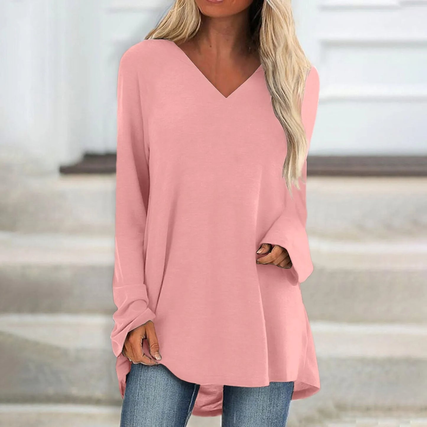 Women's Summer T-shirt Casual Long Sleeve V-Neck Solid Colour Loose Long Blouse/Shirt.  S-3xl