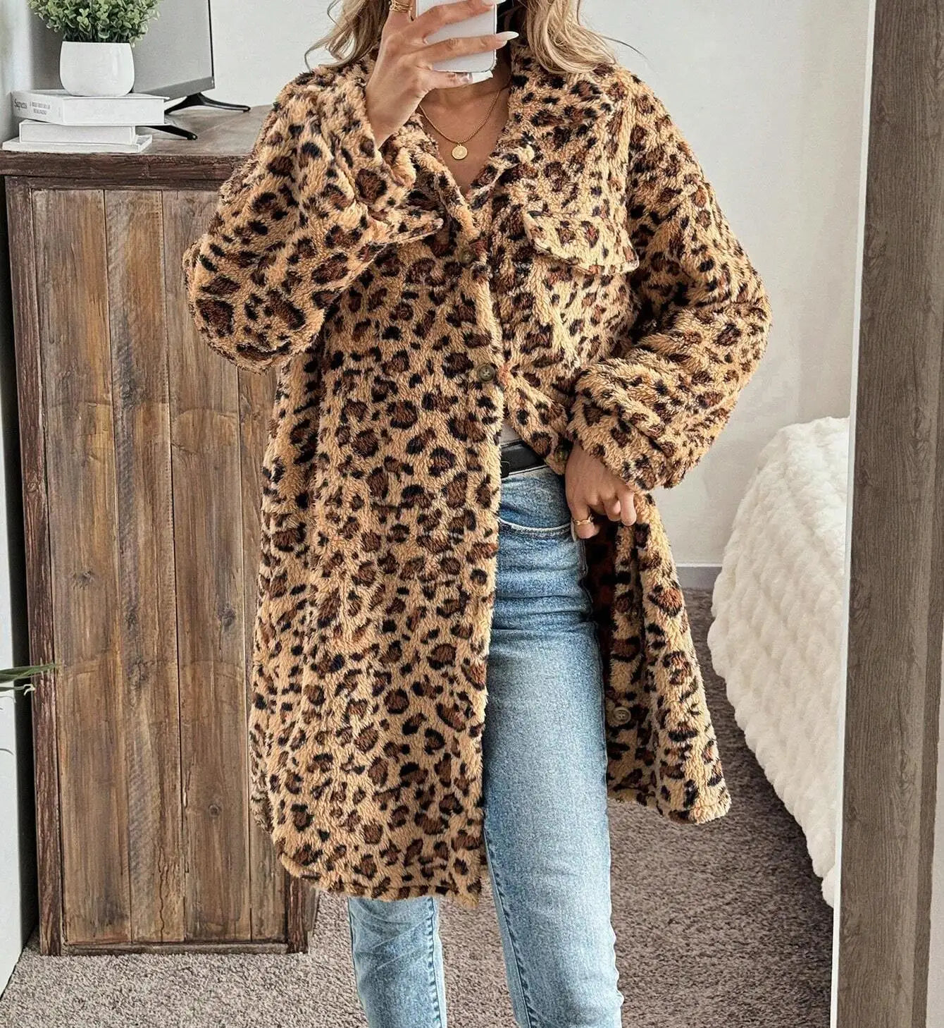 Women Mid Length Leopard Print Coat - Turn Down Collar Warm Autumn Winter S-XL