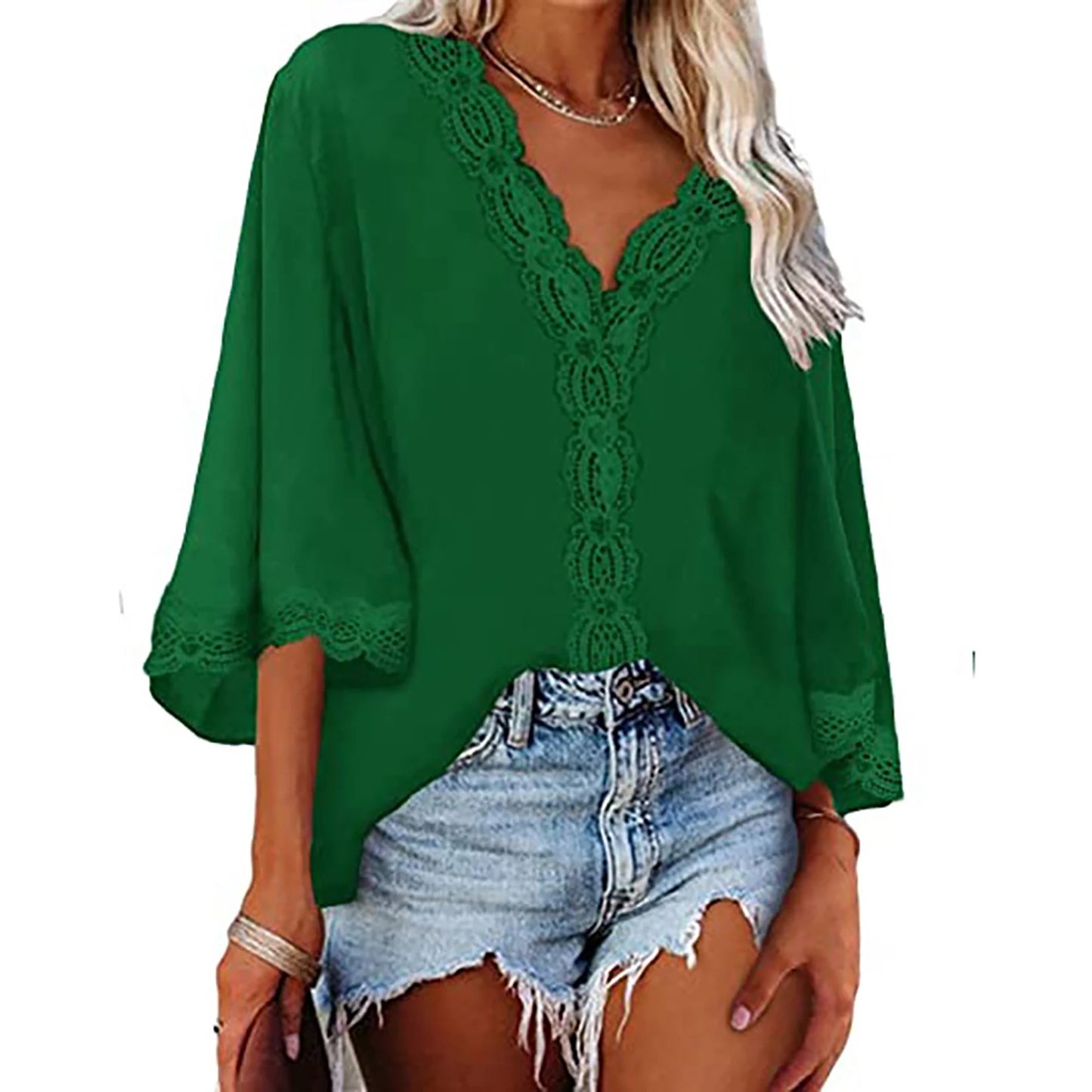European style spring and summer new women's shirt flared sleeve V-neck loose shirt.  S-2X