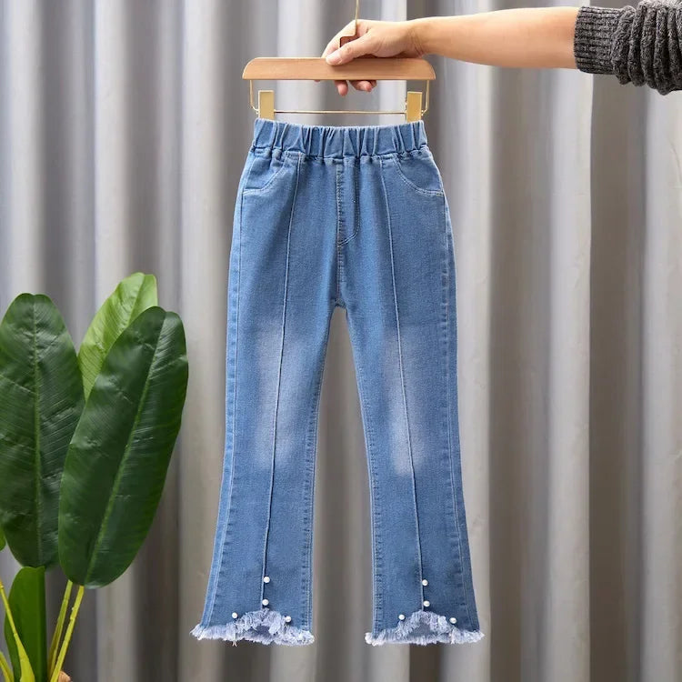 2024 Baby Girls Cowboy Pants Spring Autumn Girl Casual Denim Trousers Children Clothing Kids Stretch Flared Pants for 4-10 Years
