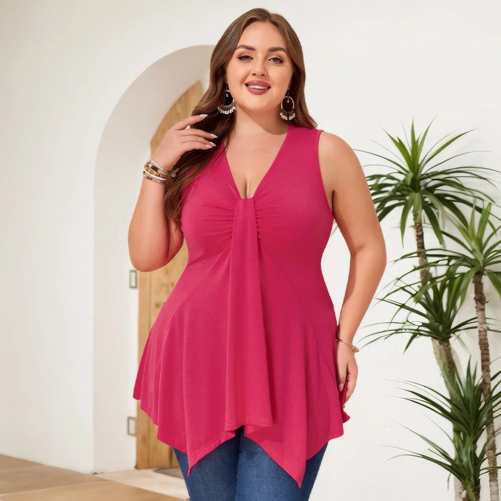 Plus Size Women's Solid V-Neck Tank Pleated Tunic Tops Summer Ladies Top . Size 1XL-6XL