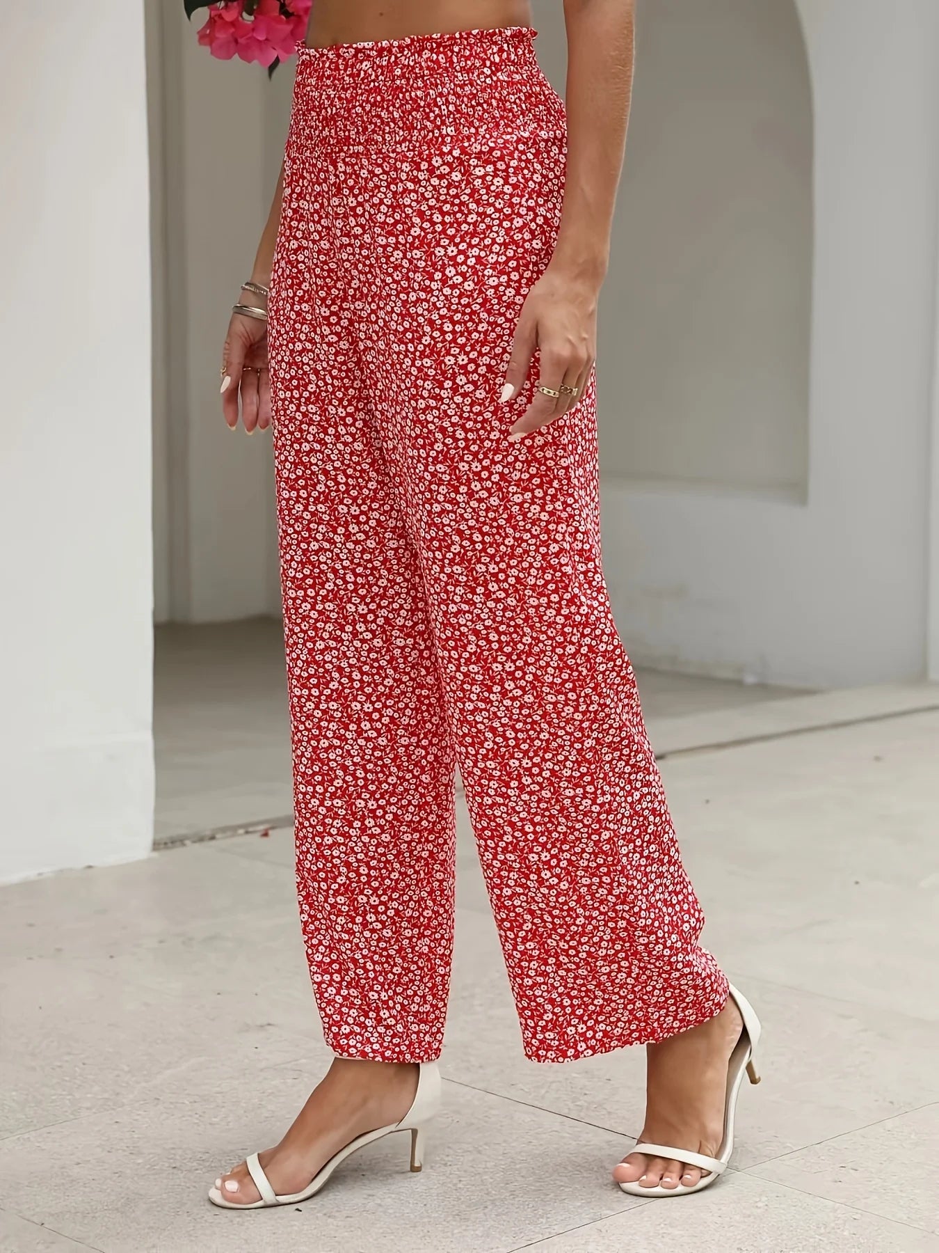 Elastic waist Casual Floral Print High Waist Pants For Spring & Summer.