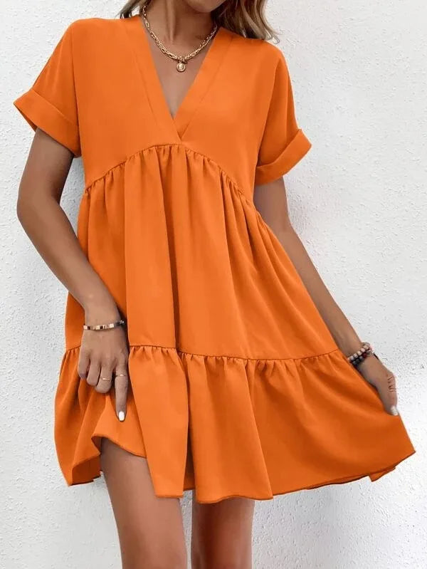 Women's Casual Short Skirt Fresh  Sweet V-neck Cake Solid Color Big Swing Elegant Summer New Solid Color Holiday Mini Dress