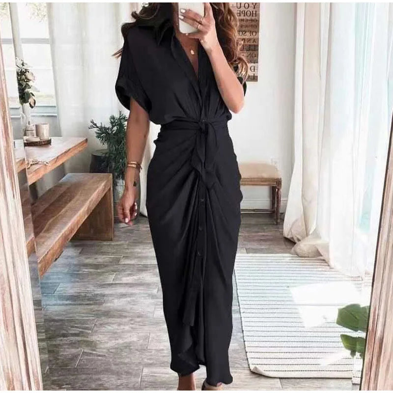 Summer Fashion Printed Short Sleeve Dress Vintage Waist Tie-up Button Bandage Long Dress.  S-3x