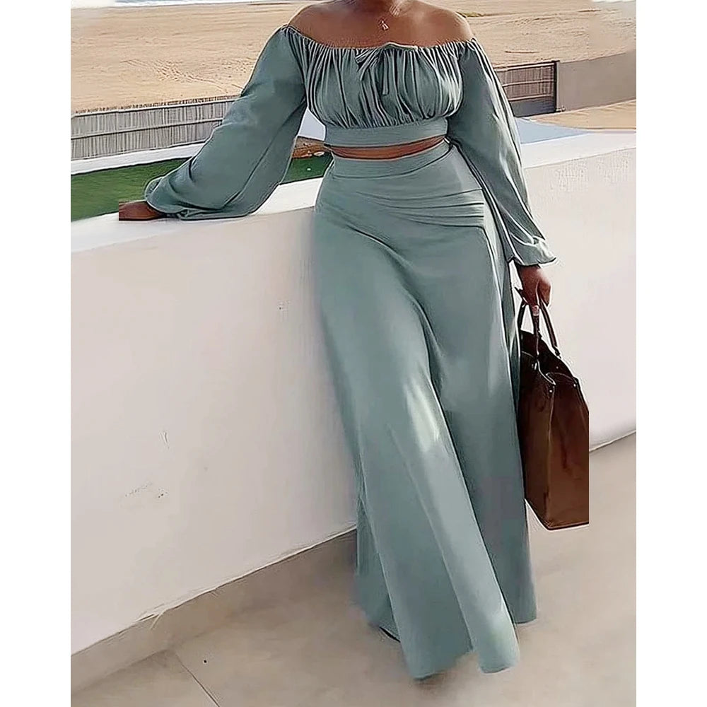 Women Ruched Lantern Long Sleeve Off Shoulder Crop Top & High Waist Side Slit Maxi Skirt Set Solid Two Pieces Outfit.  S-3xl