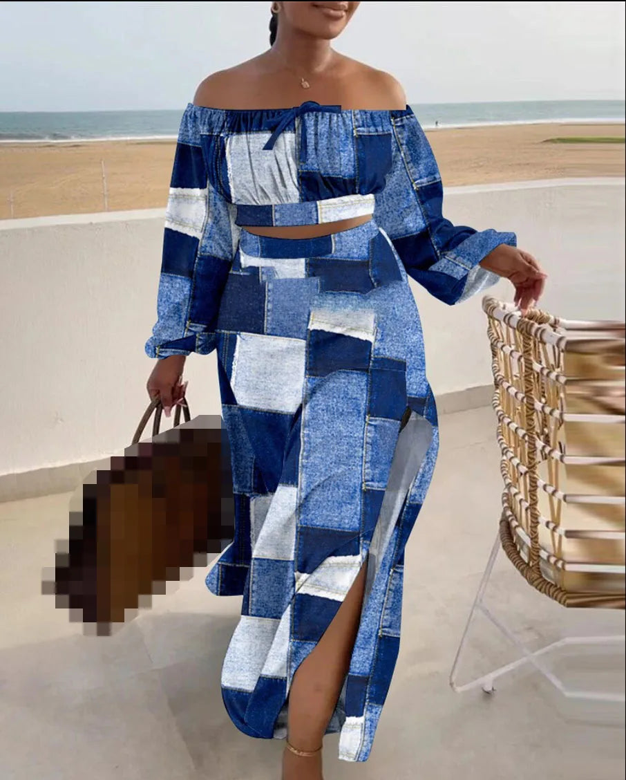Casual Off Shoulder Sexy Slit Printed Loose Long Skirt Two Piece Set For Women Vacation Summer Outfit.  S-3X