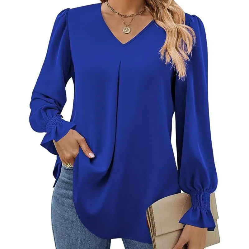 Women's Solid Colour Chiffon Shirt V-neck Long Sleeved Top Elegant Loose Blouse.  S-2X